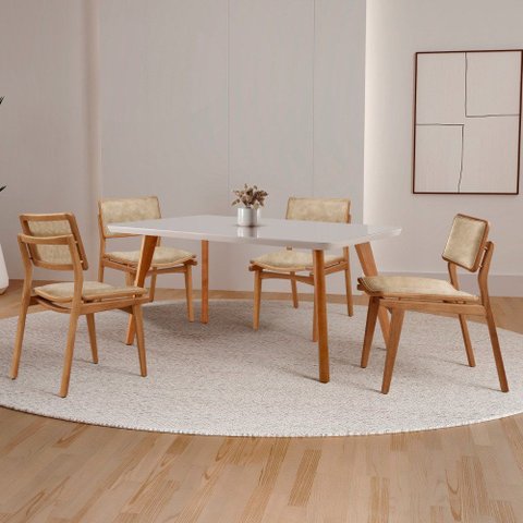 Sala de Jantar Mesa Malta 120cm Tampo Laqueado com Vidro Canto Moeda e 4 Cadeiras Eva