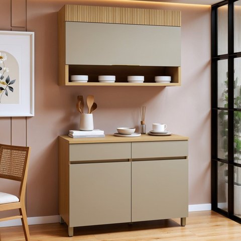 Cozinha Completa Modulada 2 Peças 3 Portas 2 Gavetas 100% MDF Realeza Premium Bege/Carvalho/Greige