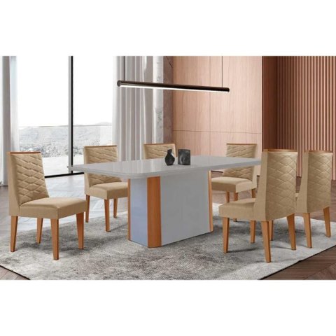 Conjunto: Mesa de Cozinha Pietã¡ Curvo 180cm + 6 Cadeiras Maldivas Madeira Naturale/Off White -