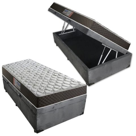 Cama Box Baú Solteiro Colchão Mola Bonnel Acolchões + Box Suede 61x88x188 - Cinza