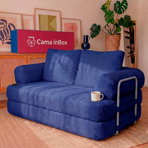 Sofá Cama Elo 1,90m Xpand Tech Tecido Velourê Azul Cama Inbox