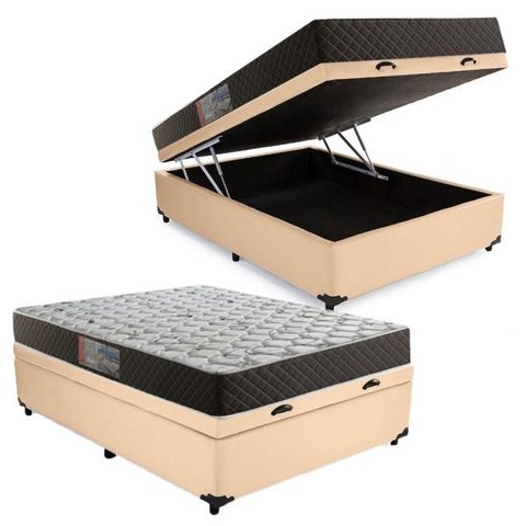 Cama Box Baú Casal Colchão Mola Bonnel Acolchões + Box Sintético 61x138x188 - Bege
