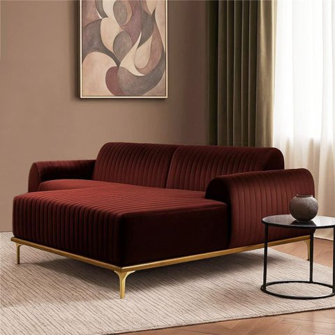 Sofá Euro 3 Lugares Bipartido Base em Madeira com Chaise Lado Esquerdo 245cm Veludo Vinho G15 - Gran