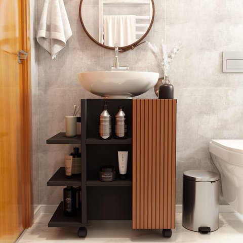 Gabinete Banheiro Classic com Porta e Prateleiras para Pia de Coluna - Preto/ripado