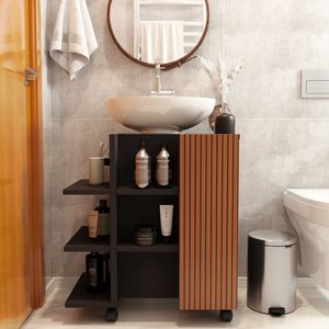 Gabinete de Banheiro para Pia de Coluna Classic - Preto/ripado