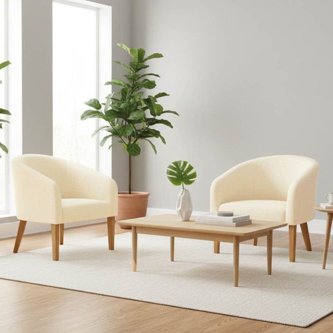 Poltrona Sala Decorativa Kit 2 Stella Pé Madeira Trapézio Castanho Linho Bege D03 - D’Rossi