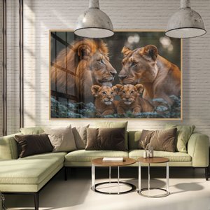 Quadro Decorativo Familia Leao Leoa Dois Filhotes Nas Folhas Sala Quarto Casa Escritório