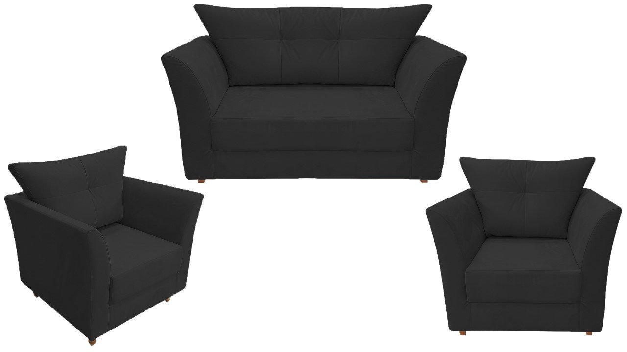 Kit Namoradeira + 2 Poltronas Decorativa Isis Suede Preto Pés Madeira Ms Decor - 1