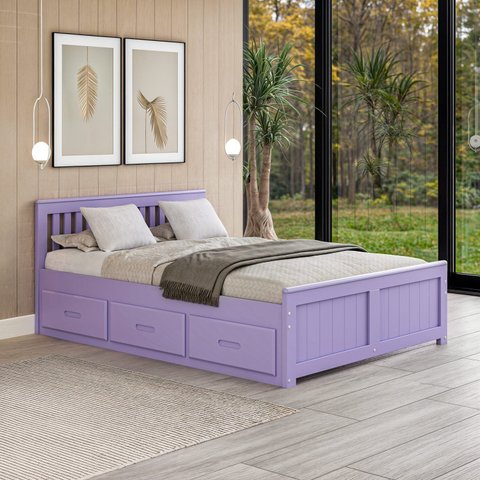 Cama Queen com 6 Gavetas Madeira Maciça Spot Roxo/Lilás Tons&Madeira