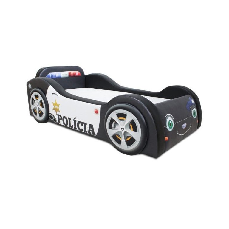 Mini Cama Baby Policia com Rodas Sobrepostas Totalmente Estofada - Cor Preta