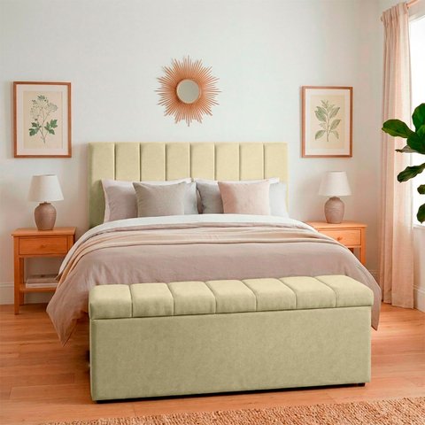 Kit Cabeceira com Calçadeira Baú Eros Casal 140 cm para Cama Box Suede Bege Biselos-Decor