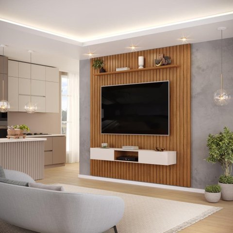 Painel com Bancada para Tv até 75 Polegadas Ripado Dj Móveis Trento 223 Freijó Off