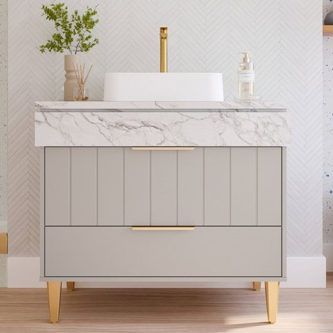 Gabinete para Banheiro 90cm com 1 Porta 1 Gaveta e Cuba de Sobrepor Riviera Cinza/Platina