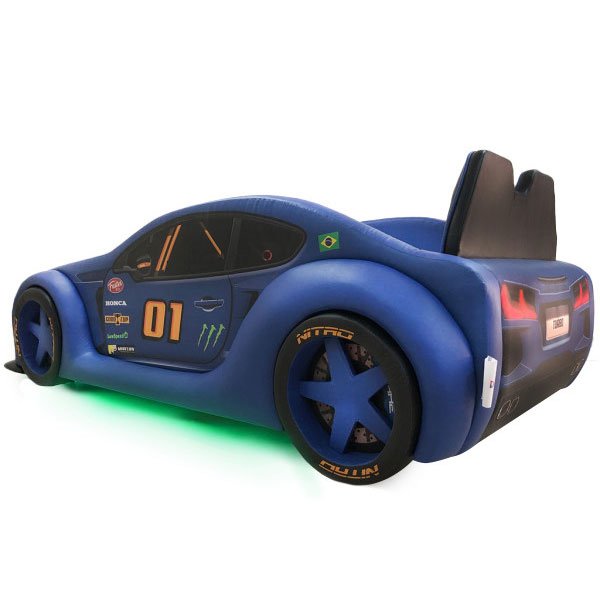 Cama Carro Zmax Racing Solteiro com Leds e Banco Traseiro Totalmente Estofada - Cor Azul - 3