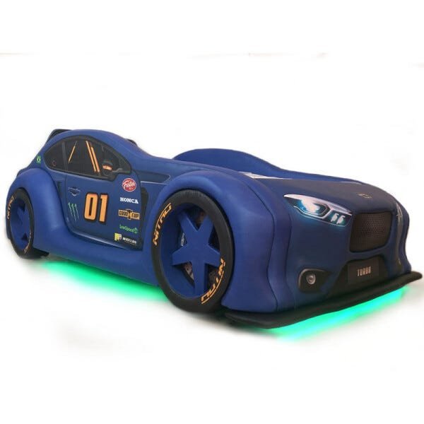 Cama Carro Zmax Racing Solteiro com Leds e Banco Traseiro Totalmente Estofada - Cor Azul
