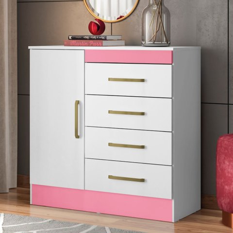 Cômoda Multiuso 92 Cm 4 Gavetas - Demóbile Montevideu:branco/rosa/branco Flex