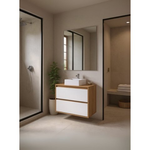 Gabinete para Banheiro com Cuba e Espelheira 80cm Mdf Freijo com Branco Dubai - On Móveis