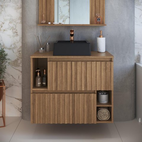 Gabinete de Banheiro Suspenso 75cm Luiza com 02 Portas Basculante Mel com Cuba Preta