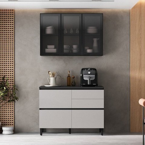 Cozinha Modulada 2 Peças 4 Portas 4 Gavetas MDF Dodradiça Slow Motion Lúmina Itatiaia Cinza/Grafite/Fendi