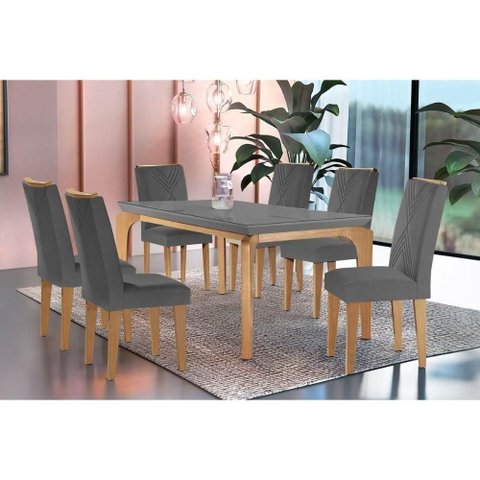 Sala de Jantar Completa Londrina C- Tampo Madeirado C- Vidro Canto Curvo 180x90cm e 6 Cadeiras