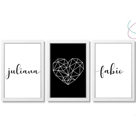 Kit 3 Quadros Decorativos Quarto Casal C/ Nome Personalizado:branca
