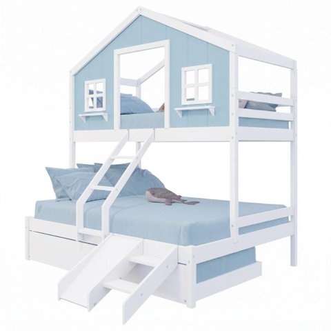 Treliche Casal/ Solteiro Casinha Dos Sonhos com Escada/ Escorregador Madeira Maciça Branco/ Azul