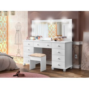 Penteadeira 9 Gavetas Espelho Led Banqueta Inclusa Mdf Pintura Uv Corrediças Telescópicas Compre Já