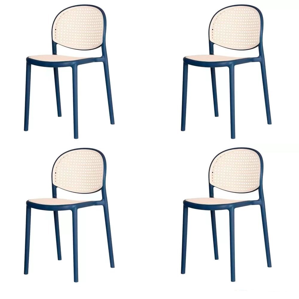 Kit 4 Cadeiras Empilhável Positano Fratini Polipropileno Cor Azul e Assento Simulando Palha Natural - 1