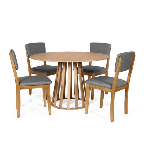 Mesa de Jantar Redonda Gabi Jade com 4 Cadeiras Estofadas Ella Cinza Escuro