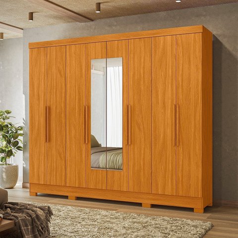 Guarda-Roupa Casal 8 Portas 4 Gavetas com Espelhos e Pés Diplomata Marrom/Cinamomo