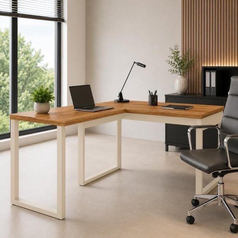 Mesa de Escritório em L Escrivaninha Industrial MDF 135cm Off White com Freijó Pradel Móveis