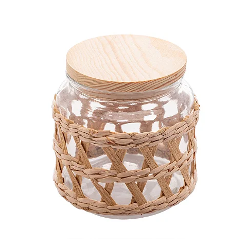 Pote de Vidro Decorado C/sisal e Tampa de Madeira 520ml Wolff