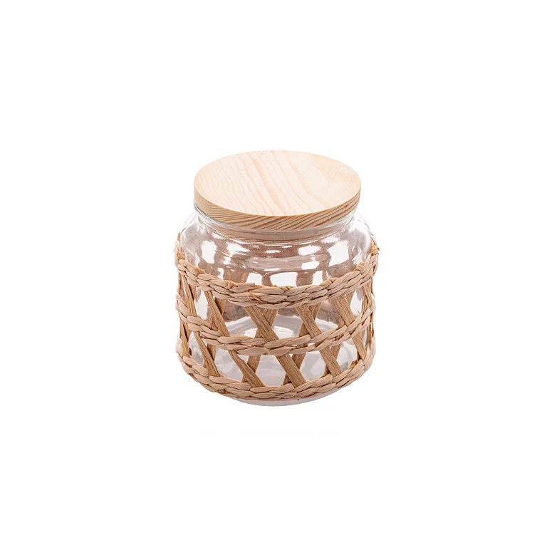Pote de Vidro Decorado C/sisal e Tampa de Madeira 520ml Wolff