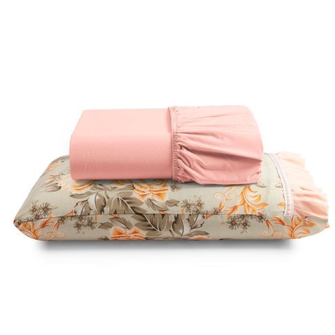 Jogo Cama Lençol Fiore Solteiro Estampado 180 Fios 100% Algodão com Babadinho 2 Peças Salmão Floral