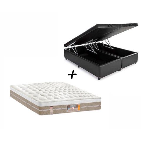 Box Baú King Sintético Preto + Colchão Castor King Silver Star Mola Pocket Air One Face 193x203x032