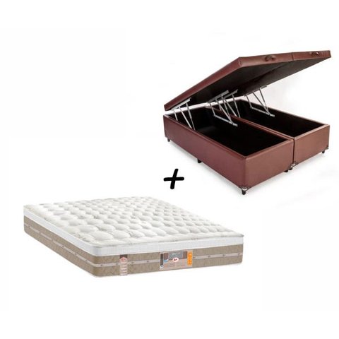 Box Baú Queen Sintético Marrom + Colchão Castor Queen Silver Star Mola Pocket Air One Face 158x198x0