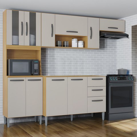 Cozinha Compacta Completa com Balcão para Pia 244cm Livy P11 Damasco/Off White - Mpozenato