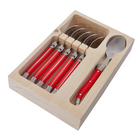 Conjunto de 6 COLHERES SOBREMESA Laguiole LA TOUR Luxo com bandeja de madeira- vermelho