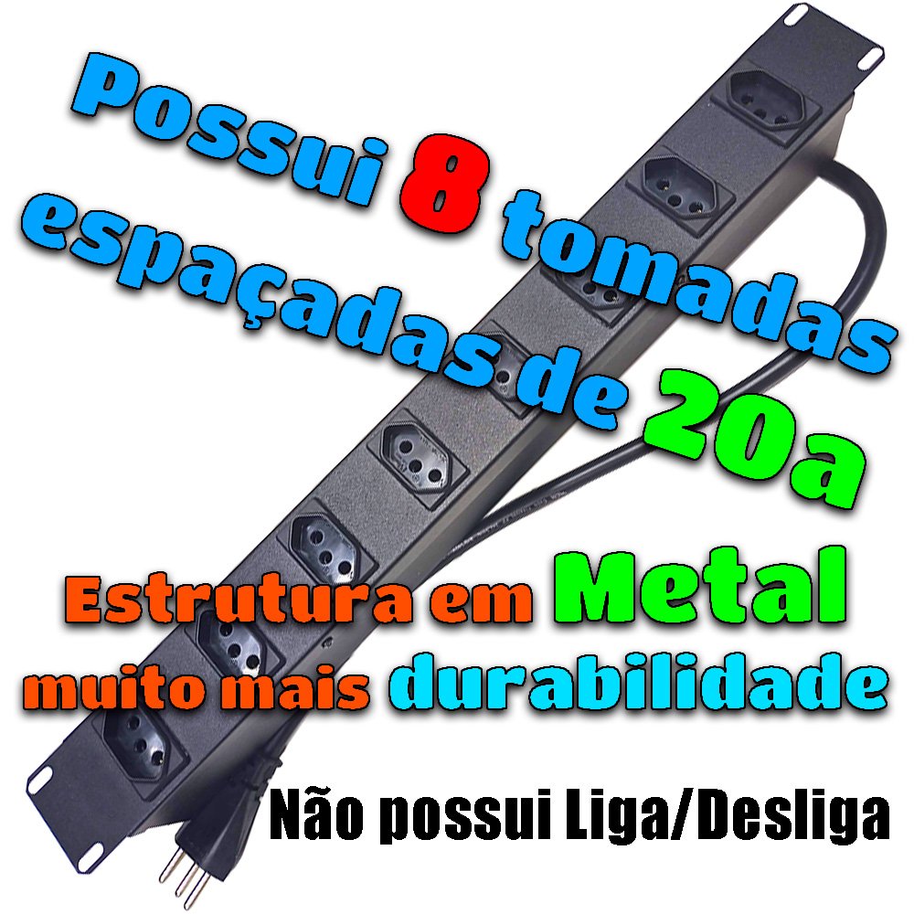 Régua 8 Tomadas Espaçadas Reforçada 20a Caixa Metal Padrão 19 Cftv Extensão Rack - 2