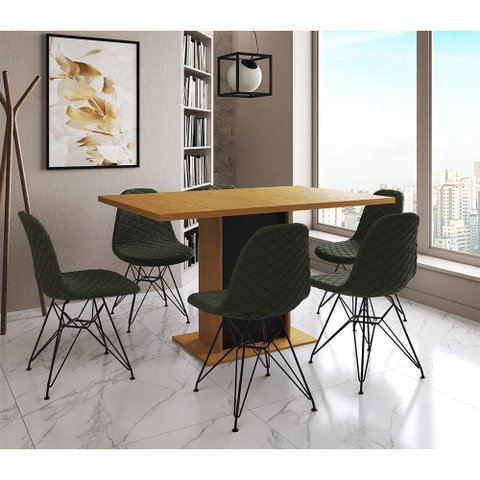 Mesa Jantar Londres Retangular Canela 137x90 Base Preta 6 Cadeiras Estofadas Verde Ferro Preto