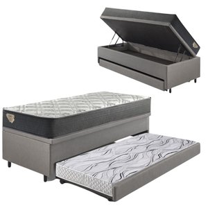 Bicama Box Baú Viúva 120x203 Courino Linho Cinza com Colchão Adapto Molas Ensacadas Ecoflex