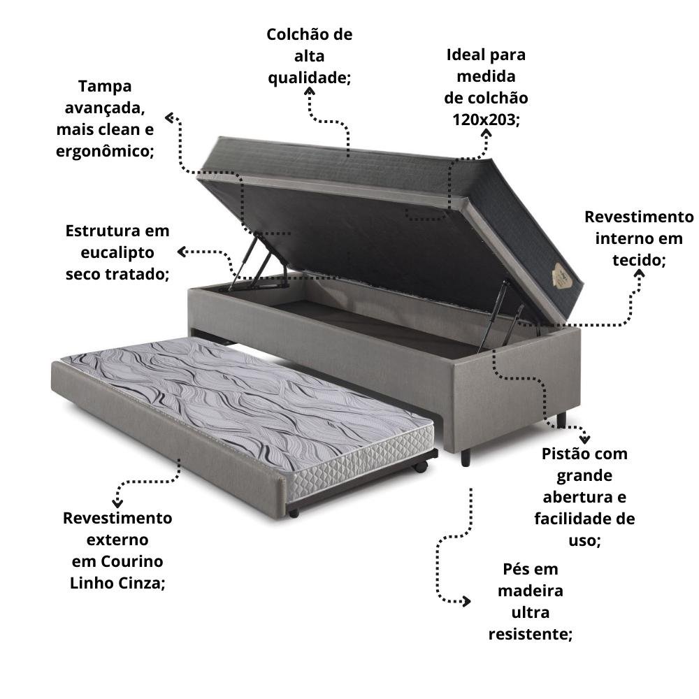 Bicama Box Baú Viúva 120x203 Courino Linho Cinza com Colchão Adapto Molas Ensacadas Ecoflex - 6