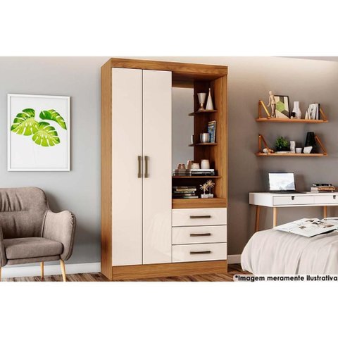 Guarda Roupa 2 Portas e 3 Gavetas C/ 1 Espelho Briz B64 Nature/off White - Henn
