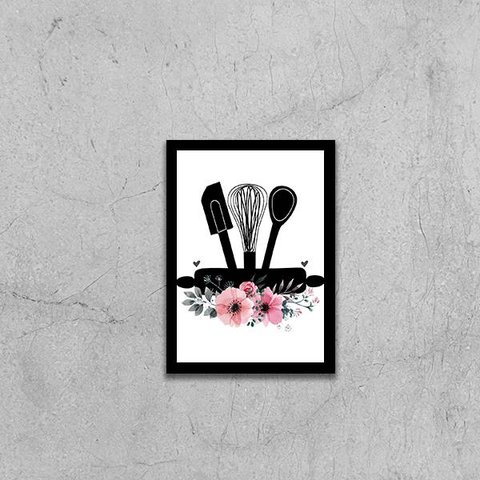 Quadro Utensílios de Cozinha 24x18cm - com vidro:Madeira preta