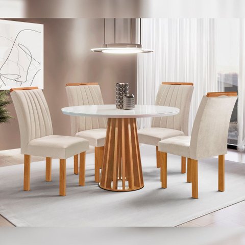 Mesa Kansas 100cm 4 Cadeiras Arizona Tampo Redondo Plus Vidro Off White