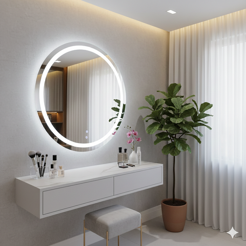 Espelho Redondo | Iluminado Led Frio 6000k | Touch Screen | Jateado | Ideal para Banheiro e Camarim: