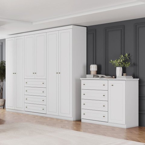 Conjunto Quarto Casal Guarda Roupa 6 Portas e Cômoda 4 Gavetas Americano Henn