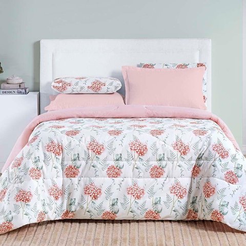 Edredom Maggy Dupla Face Super King 1 Peça Percale 200 Fios Estampado Hortencia Floral Rosa