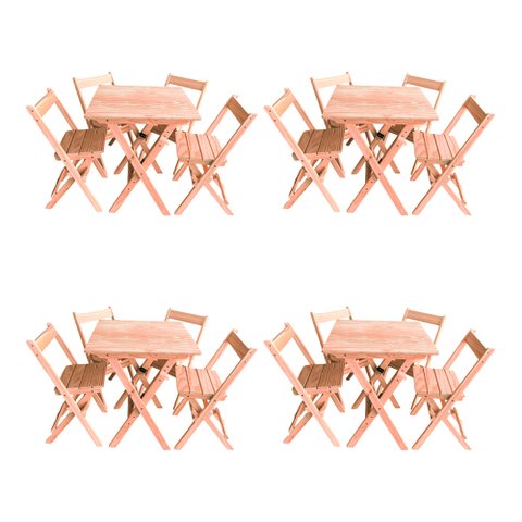 Kit 4 Conjuntos Mesa Dobrável 60x60cm com 4 Cadeiras em Madeira Maciça - Cru