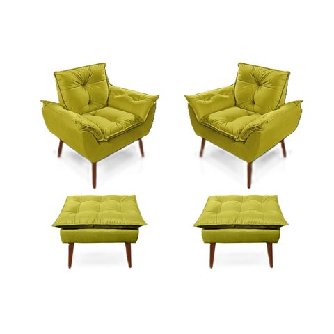 2 poltronasAmarela opala com 2 puff decorativa confortável para sala quarto recepção suede luxo